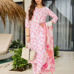 Women’s Silk Blend Printed Kurta with Printed Bottom & Jacquard Tabby Organza Dupatta Set
