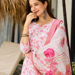 Women’s Silk Blend Printed Kurta with Printed Bottom & Jacquard Tabby Organza Dupatta Set