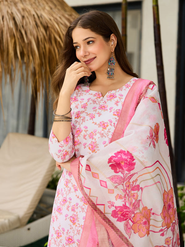 Women’s Silk Blend Printed Kurta with Printed Bottom & Jacquard Tabby Organza Dupatta Set