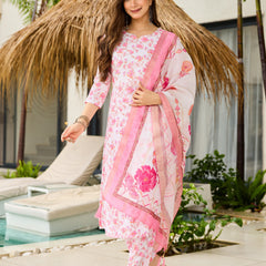 Women’s Silk Blend Printed Kurta with Printed Bottom & Jacquard Tabby Organza Dupatta Set