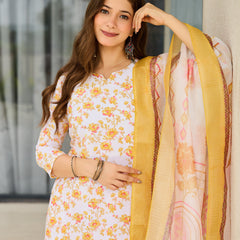 Women’s Silk Blend Printed Kurta with Printed Bottom & Jacquard Tabby Organza Dupatta Set