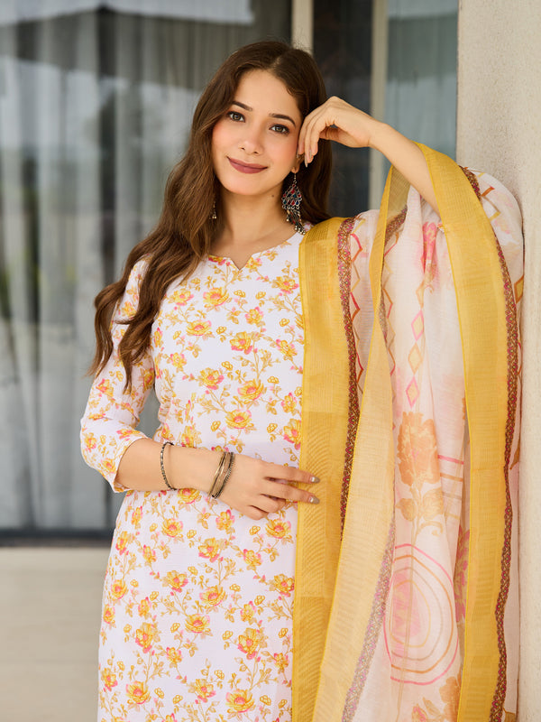 Women’s Silk Blend Printed Kurta with Printed Bottom & Jacquard Tabby Organza Dupatta Set