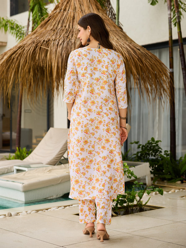 Women’s Silk Blend Printed Kurta with Printed Bottom & Jacquard Tabby Organza Dupatta Set
