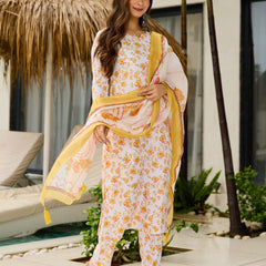 Women’s Silk Blend Printed Kurta with Printed Bottom & Jacquard Tabby Organza Dupatta Set