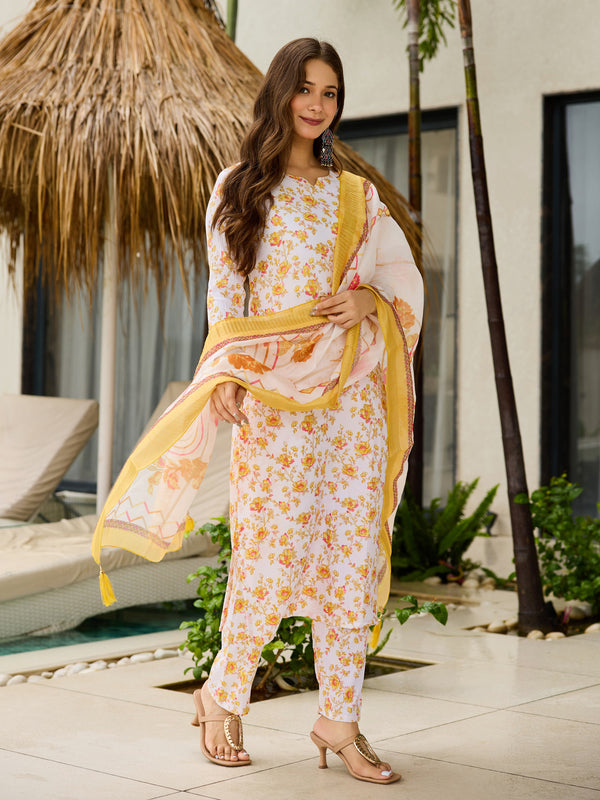 Women’s Silk Blend Printed Kurta with Printed Bottom & Jacquard Tabby Organza Dupatta Set