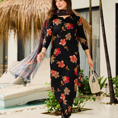 Women’s Silk Blend Printed Kurta with Printed Bottom & Solid Dyable Organza Dupatta Set