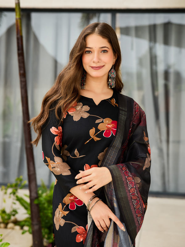 Women’s Silk Blend Printed Kurta with Printed Bottom & Solid Dyable Organza Dupatta Set