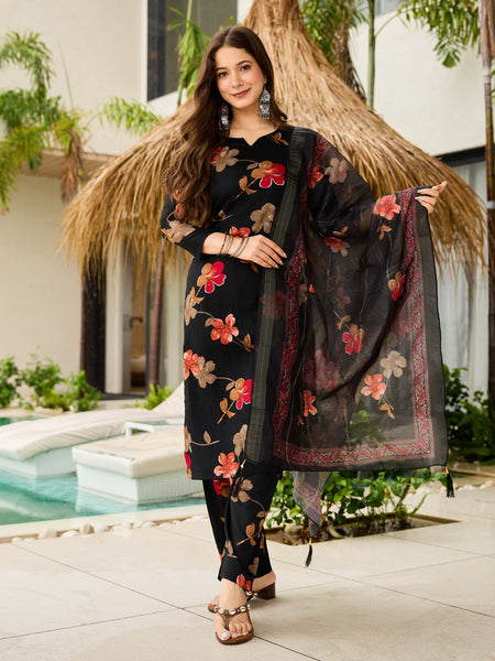Women’s Silk Blend Printed Kurta with Printed Bottom & Solid Dyable Organza Dupatta Set