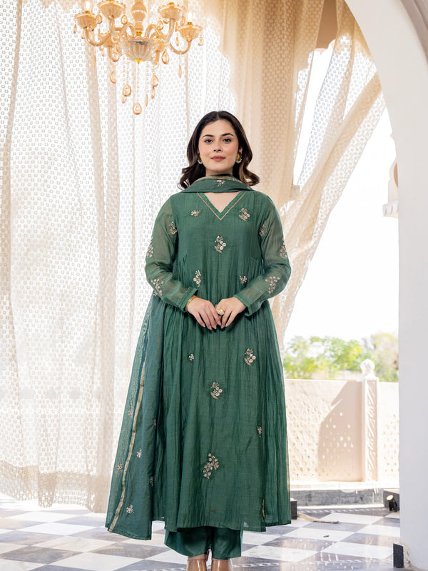 Women’s Chanderi Silk Embroidered Kurta With Silk Bottom & Embroidered Chanderi Dupatta Set