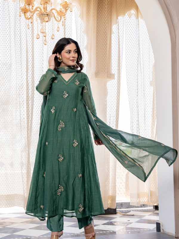 Women’s Chanderi Silk Embroidered Kurta With Silk Bottom & Embroidered Chanderi Dupatta Set