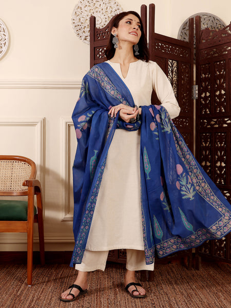Women's Chanderi Silk Solid Kurta with Pant & Printed Chanderi Dupatta Set