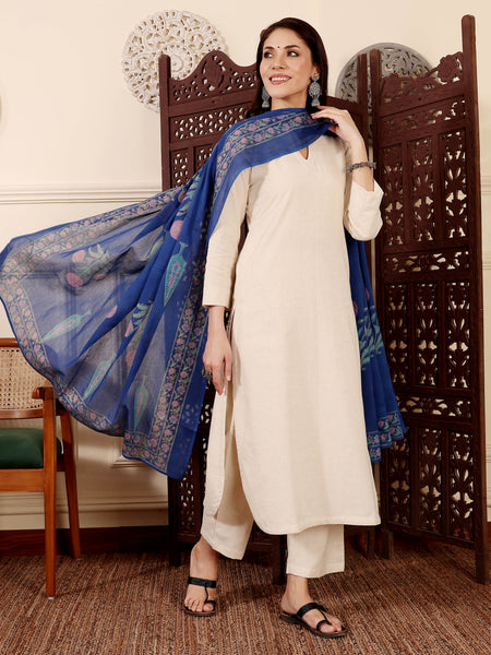 Women's Chanderi Silk Solid Kurta with Pant & Printed Chanderi Dupatta Set