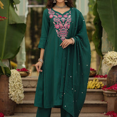 Women's Viscose Rayon Embroidered Kurta Pant & Chanderi Gadhwal Dupatta Set