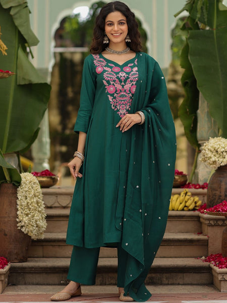 Women's Viscose Rayon Embroidered Kurta Pant & Chanderi Gadhwal Dupatta Set