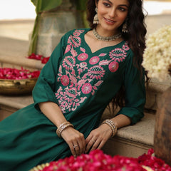 Women's Viscose Rayon Embroidered Kurta Pant & Chanderi Gadhwal Dupatta Set