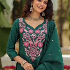 Women's Viscose Rayon Embroidered Kurta Pant & Chanderi Gadhwal Dupatta Set