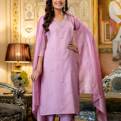 Women's Viscose Rayon Embroidered Kurta with Pant & Chanderi Cotton Dyed Dupatta Set