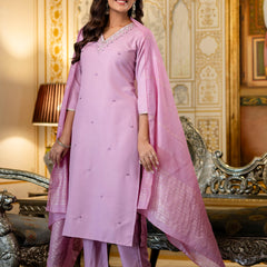 Women's Viscose Rayon Embroidered Kurta with Pant & Chanderi Cotton Dyed Dupatta Set