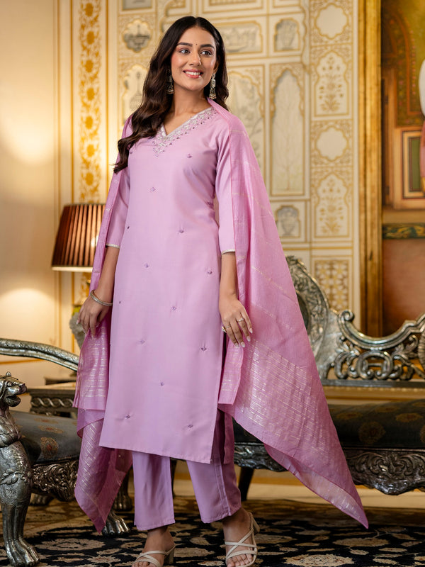 Women's Viscose Rayon Embroidered Kurta with Pant & Chanderi Cotton Dyed Dupatta Set