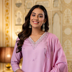 Women's Viscose Rayon Embroidered Kurta with Pant & Chanderi Cotton Dyed Dupatta Set