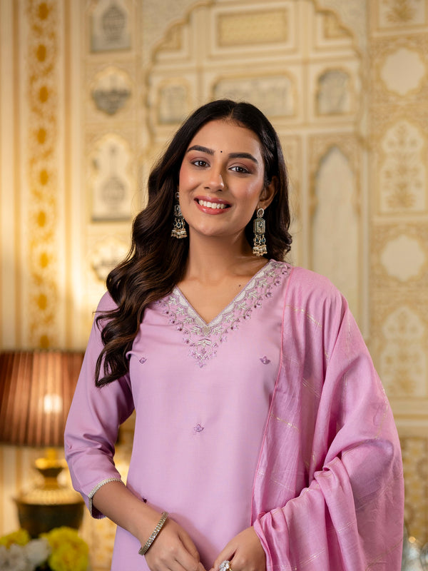 Women's Viscose Rayon Embroidered Kurta with Pant & Chanderi Cotton Dyed Dupatta Set