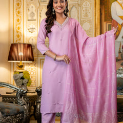 Women's Viscose Rayon Embroidered Kurta with Pant & Chanderi Cotton Dyed Dupatta Set