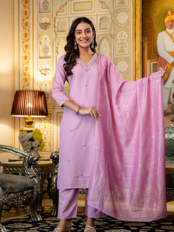 Women's Viscose Rayon Embroidered Kurta with Pant & Chanderi Cotton Dyed Dupatta Set