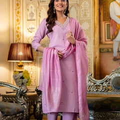 Women's Viscose Rayon Embroidered Kurta with Pant & Chanderi Cotton Dyed Dupatta Set