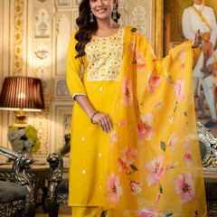 Women's Viscose Rayon Embroidered Kurta with Pant & Tabby Organza Printed Dupatta Set