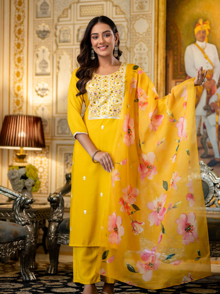 Women's Viscose Rayon Embroidered Kurta with Pant & Tabby Organza Printed Dupatta Set
