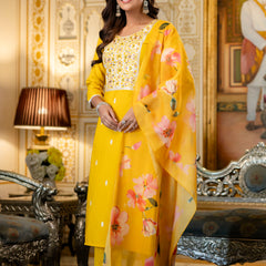 Women's Viscose Rayon Embroidered Kurta with Pant & Tabby Organza Printed Dupatta Set
