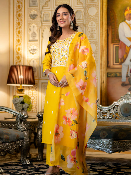 Women's Viscose Rayon Embroidered Kurta with Pant & Tabby Organza Printed Dupatta Set