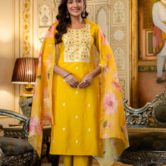Women's Viscose Rayon Embroidered Kurta with Pant & Tabby Organza Printed Dupatta Set