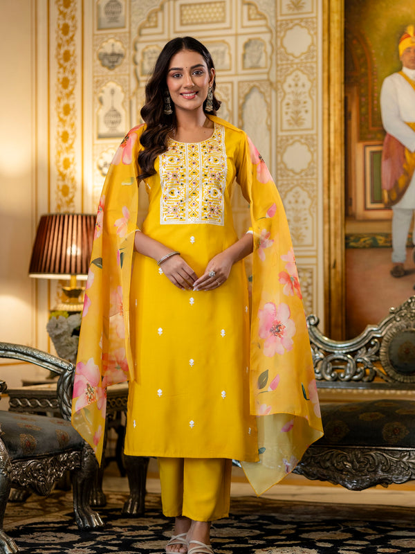 Women's Viscose Rayon Embroidered Kurta with Pant & Tabby Organza Printed Dupatta Set