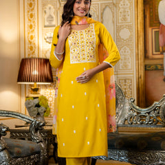 Women's Viscose Rayon Embroidered Kurta with Pant & Tabby Organza Printed Dupatta Set