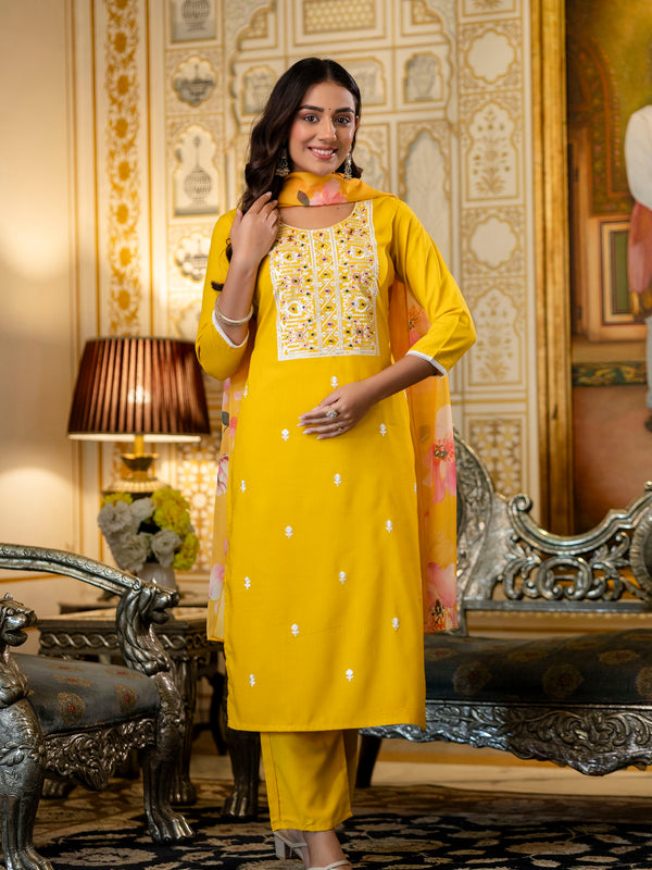 Women's Viscose Rayon Embroidered Kurta with Pant & Tabby Organza Printed Dupatta Set