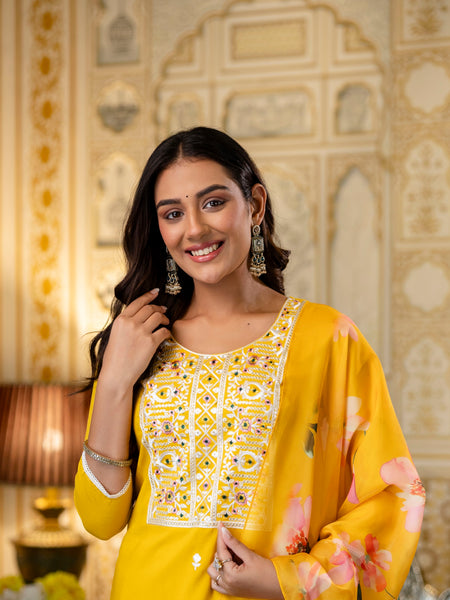 Women's Viscose Rayon Embroidered Kurta with Pant & Tabby Organza Printed Dupatta Set
