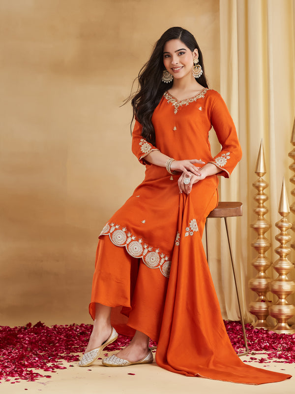 Women's Vichitra Silk Embroidered Kurta Pant & Dupatta Set