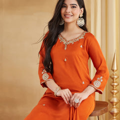 Women's Vichitra Silk Embroidered Kurta Pant & Dupatta Set