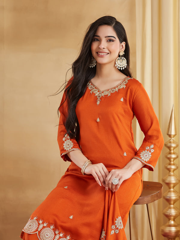 Women's Vichitra Silk Embroidered Kurta Pant & Dupatta Set