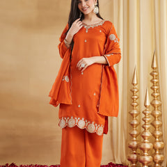Women's Vichitra Silk Embroidered Kurta Pant & Dupatta Set