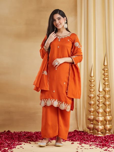 Women's Vichitra Silk Embroidered Kurta Pant & Dupatta Set