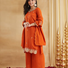 Women's Vichitra Silk Embroidered Kurta Pant & Dupatta Set