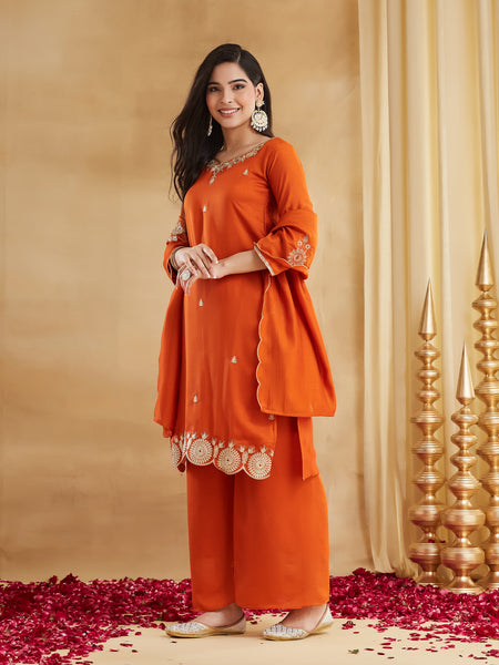 Women's Vichitra Silk Embroidered Kurta Pant & Dupatta Set