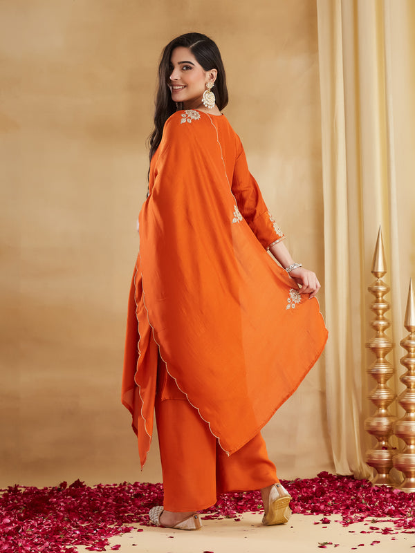 Women's Vichitra Silk Embroidered Kurta Pant & Dupatta Set