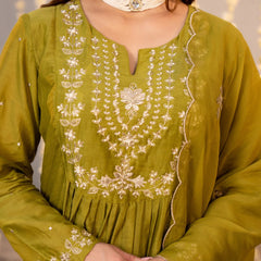 Women's Chanderi Silk Embroidered Kurta with Pant & Dupatta Set