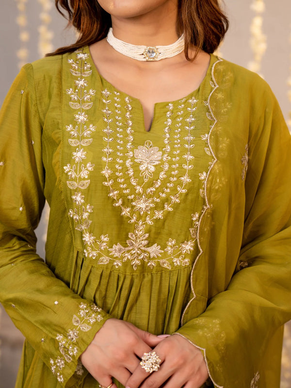 Women's Chanderi Silk Embroidered Kurta with Pant & Dupatta Set