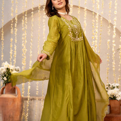 Women's Chanderi Silk Embroidered Kurta with Pant & Dupatta Set