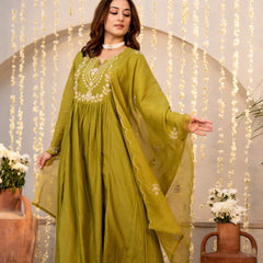 Women's Chanderi Silk Embroidered Kurta with Pant & Dupatta Set