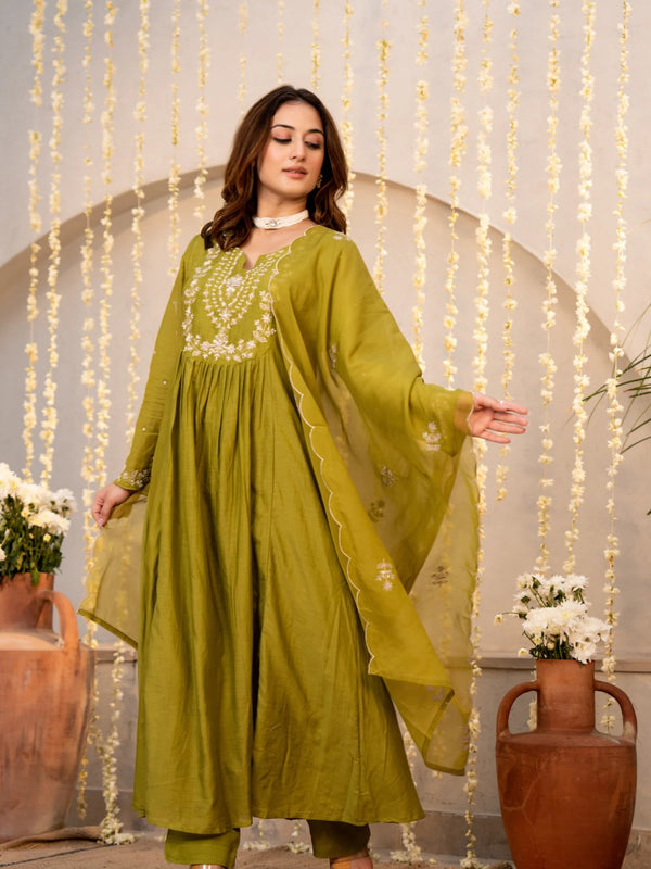 Women's Chanderi Silk Embroidered Kurta with Pant & Dupatta Set